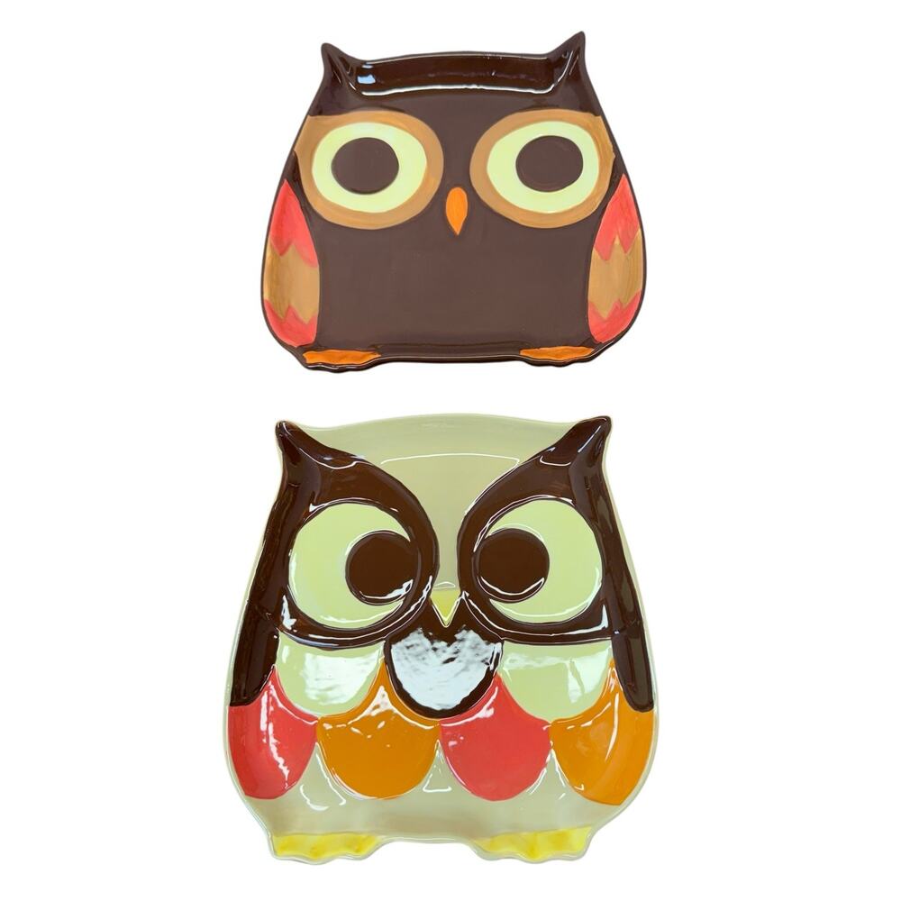Owl Snack Plates By Mesa Brown Orange Farmhouse Fall Collectible Serving Dish